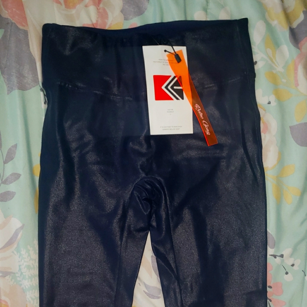 Navy Retro Gong faux leather leggings